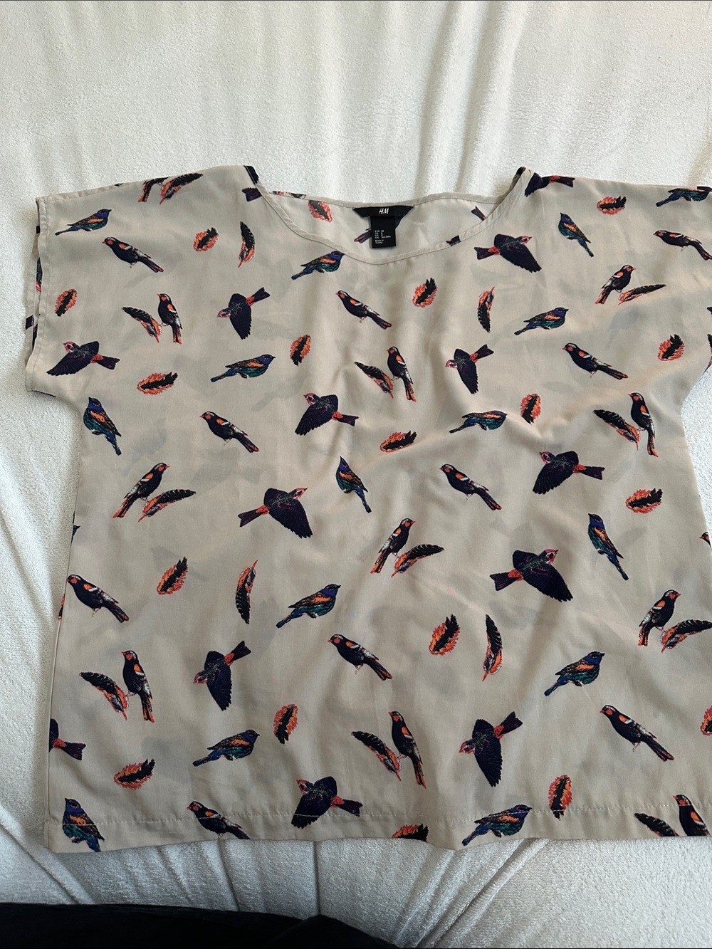H&M Cream Blouse with Multicolor Bird Print